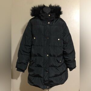 Ellos Faux Fur Hooded Pocketed Black Puffer Jacket Sz L 18/20 NO BELT